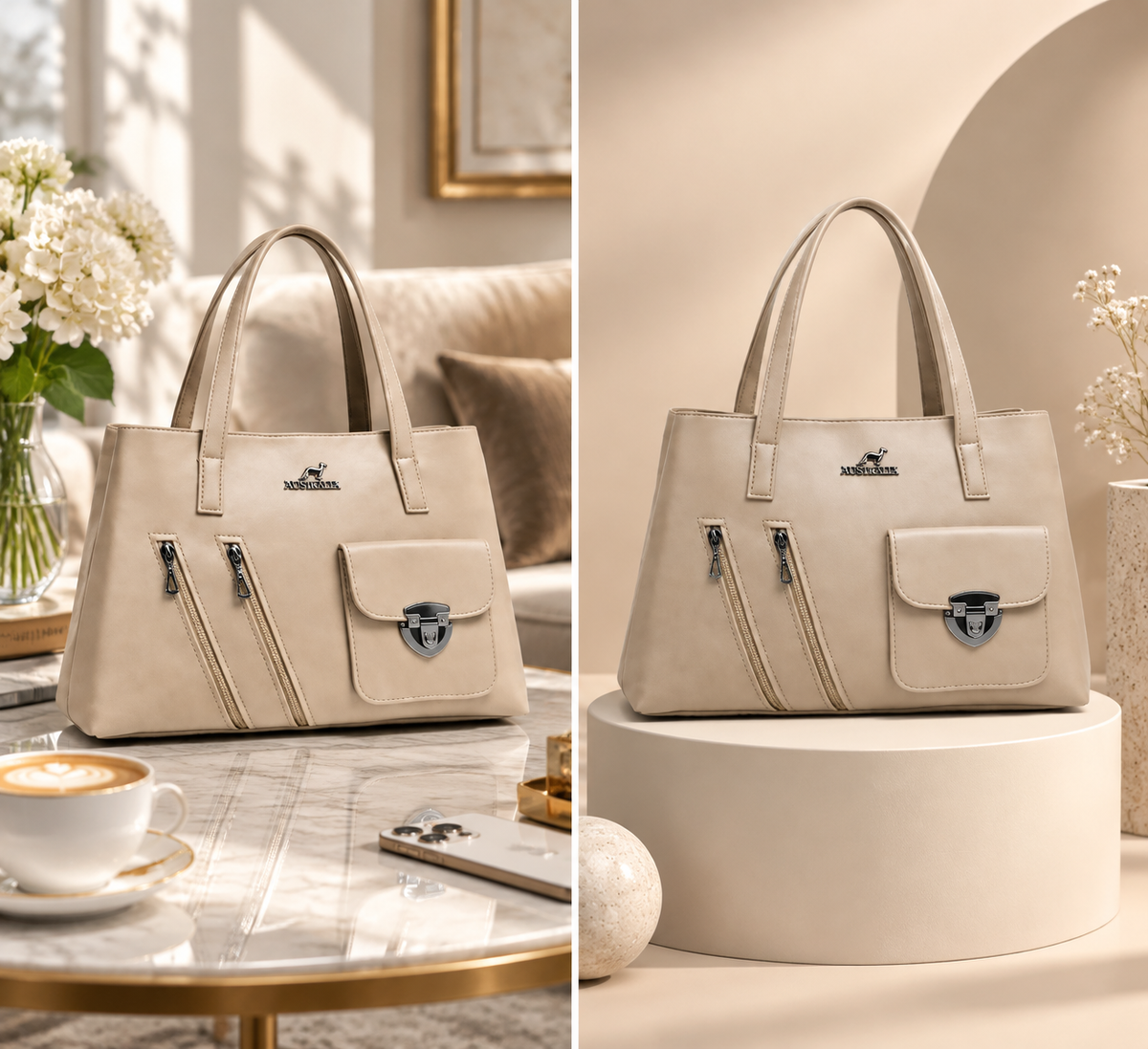 Elegant Beige Tote Handbag With Premium Design