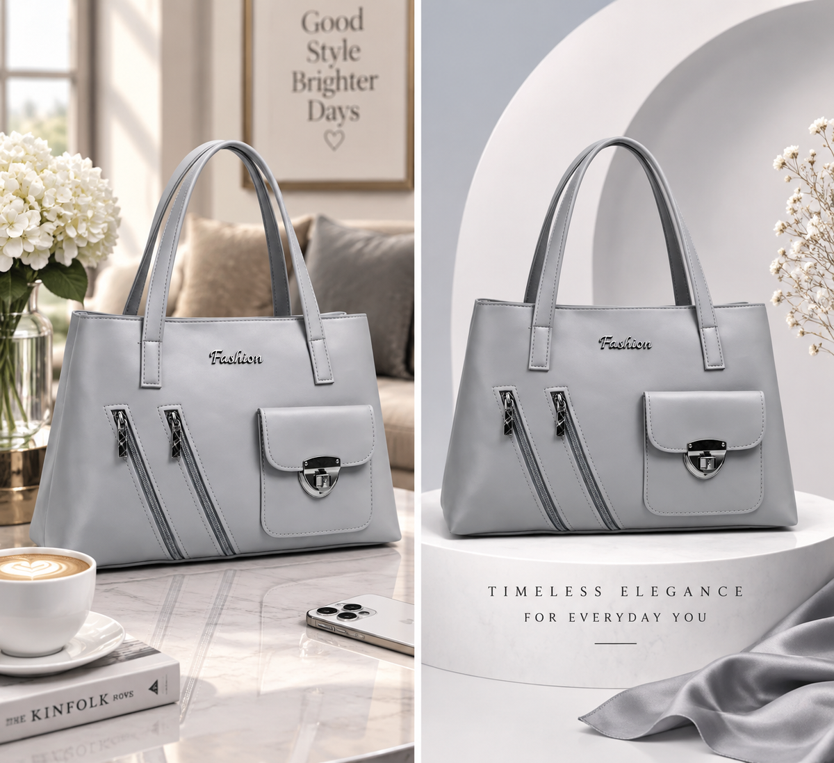 Classic Grey Tote Handbag With Modern Style