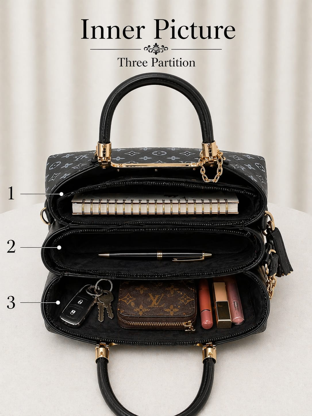 Black Luxury Monogram Handbag With Gold Handle