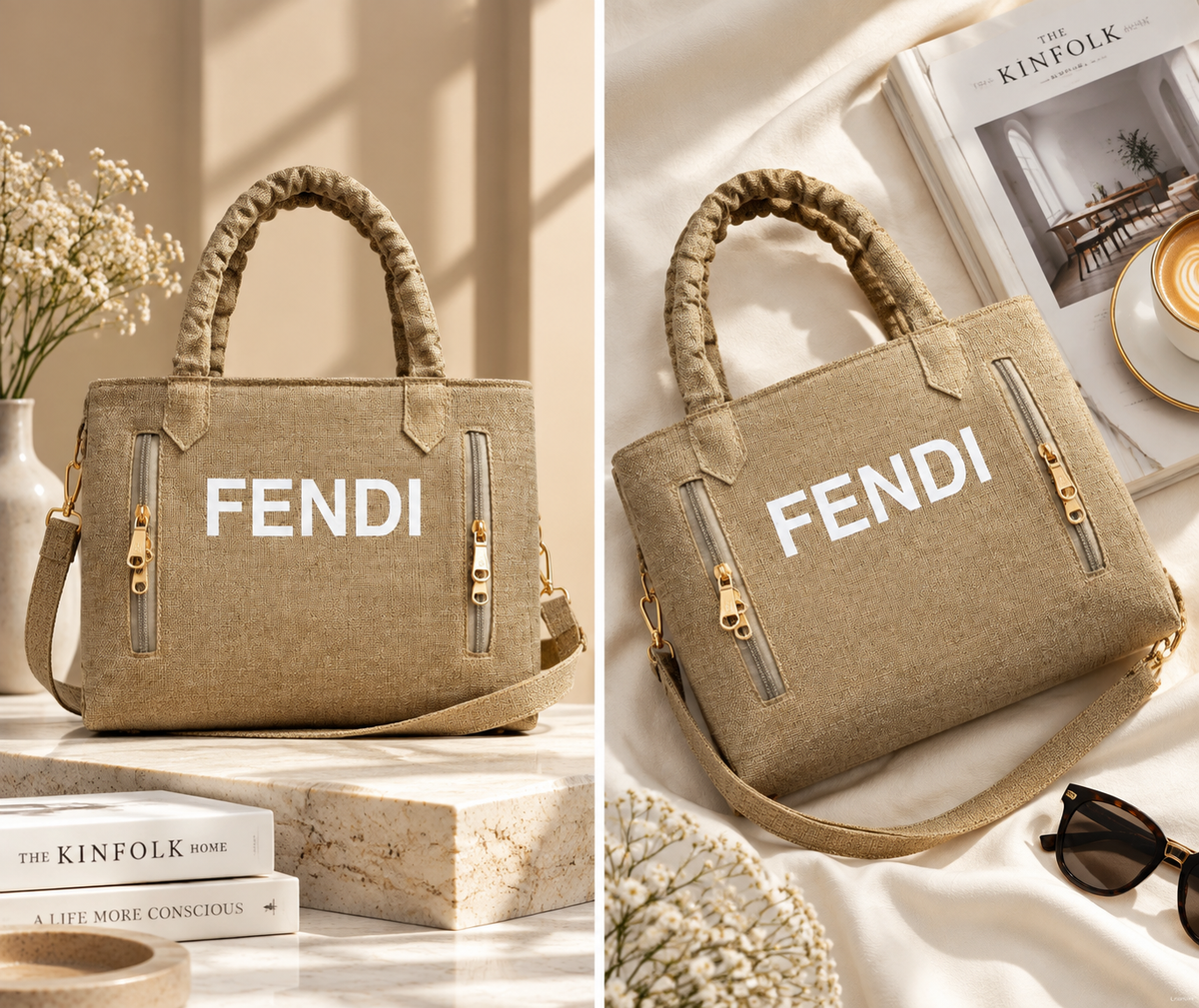 Beige Textured Tote Bag With Gold Details