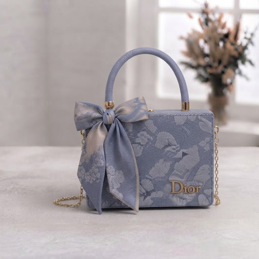 Elegant Blue-Grey Patterned Box Handbag with Silk Scarf Bow & Gold Chain Strap