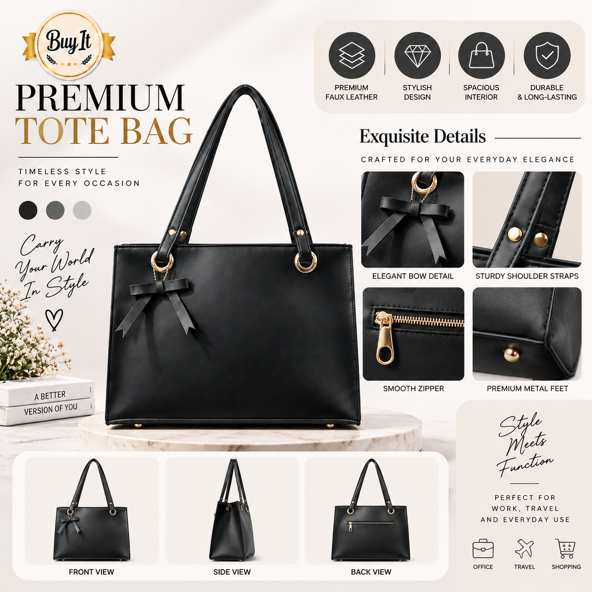Premium Black Tote Bag | Elegant Everyday Handbag