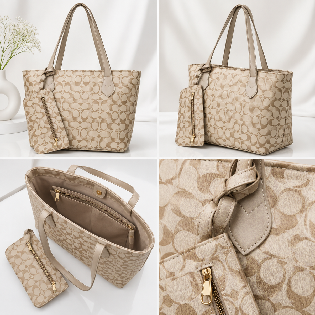 Beige Monogram Tote Bag With Pouch