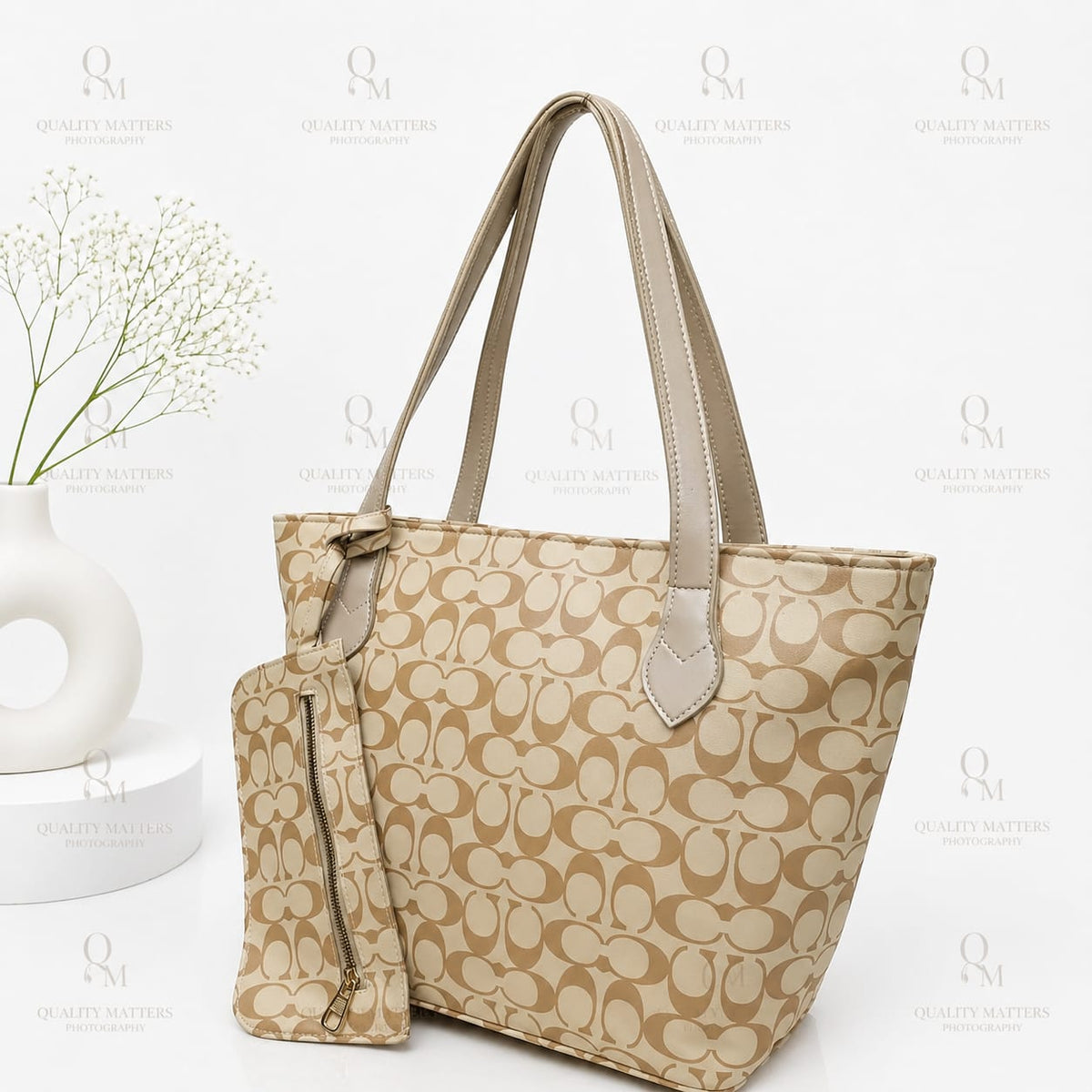 Beige Monogram Tote Bag With Pouch