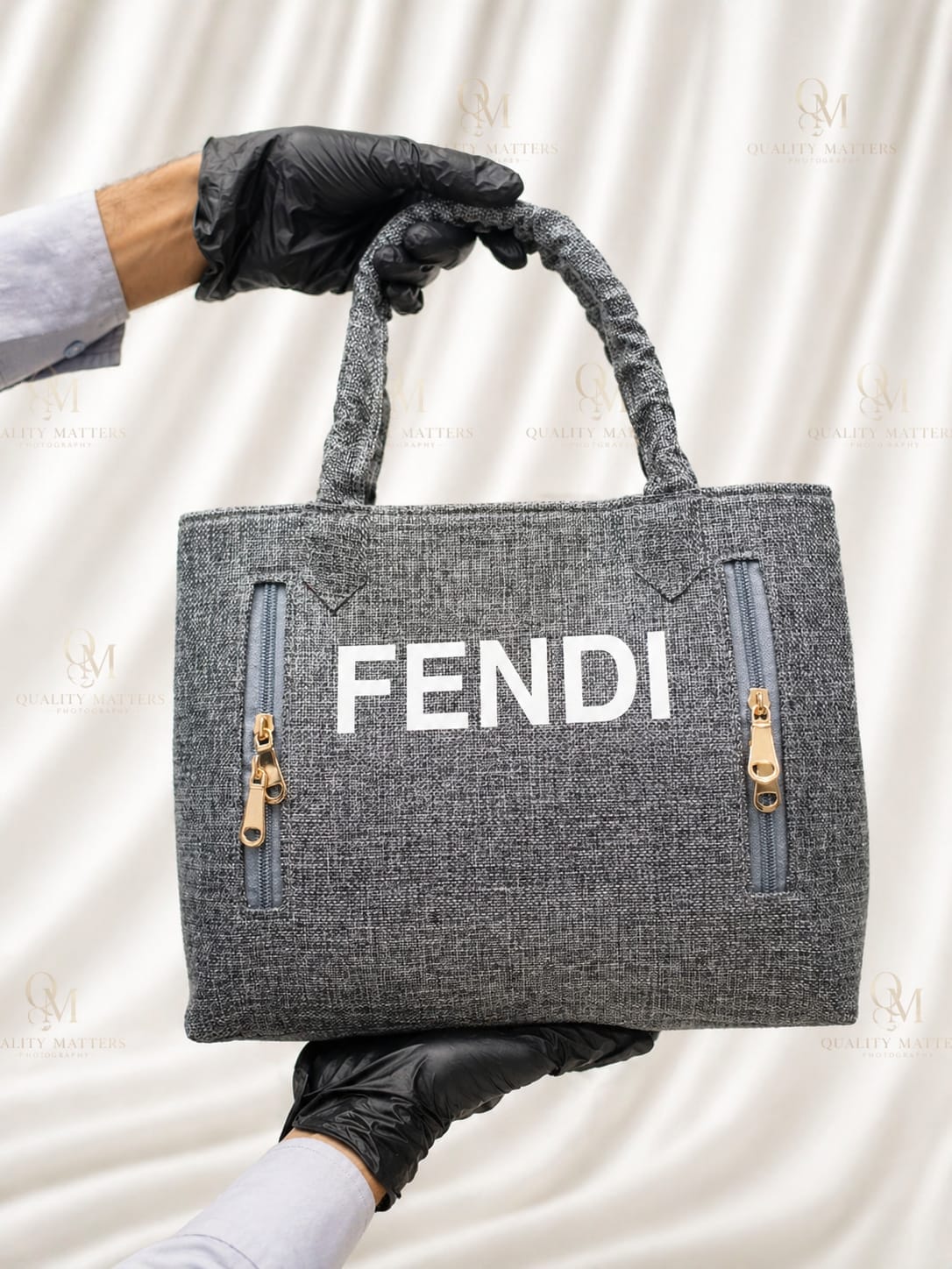 Grey Textured Tote Bag With Gold Zippers