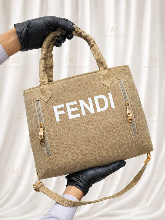 Beige Textured Tote Bag With Gold Details
