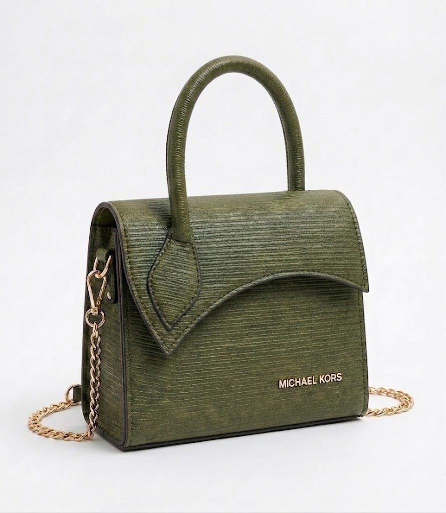 MICHAEL KORS Textured Rexine Satchel & Flap Shoulder Bag – Olive Green
