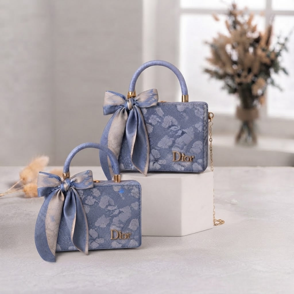 Elegant Blue-Grey Patterned Box Handbag with Silk Scarf Bow & Gold Chain Strap