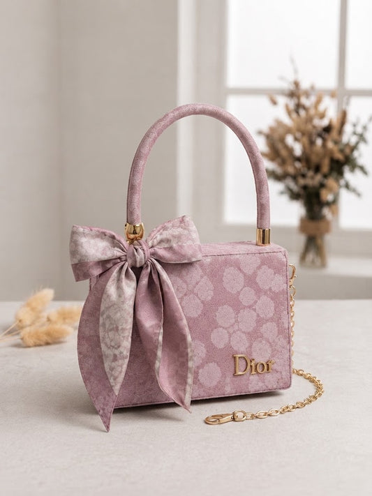 Chic Blush Pink Monogram Flap Top-Handle Bag with Scarf Bow & Gold Chain Accent