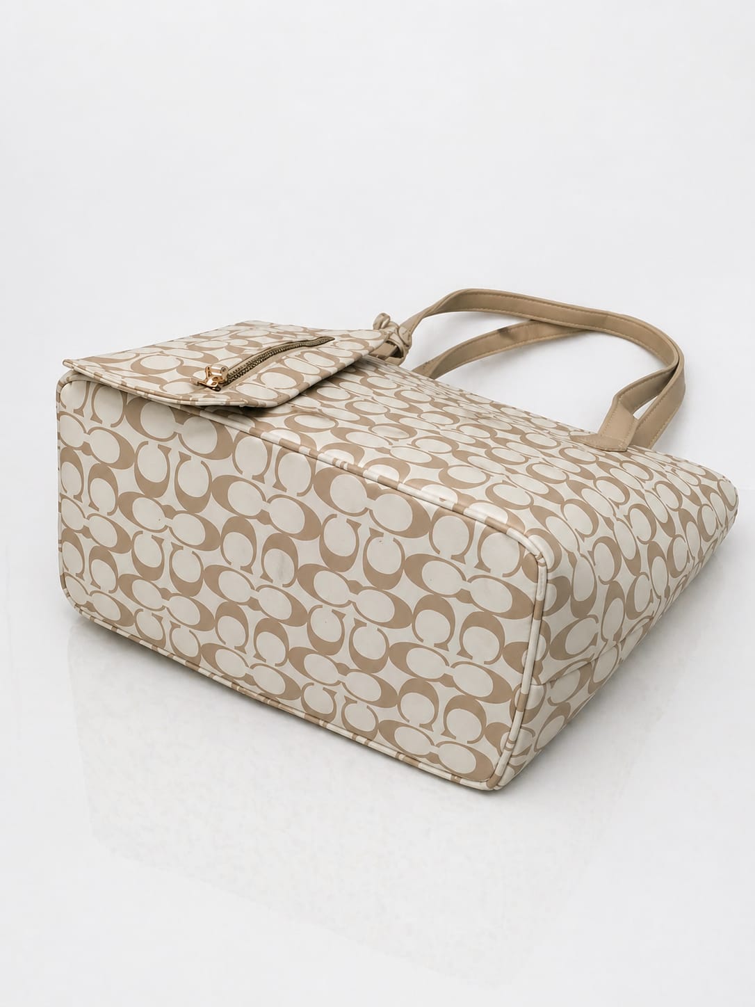 Beige Monogram Shoulder Tote Bag