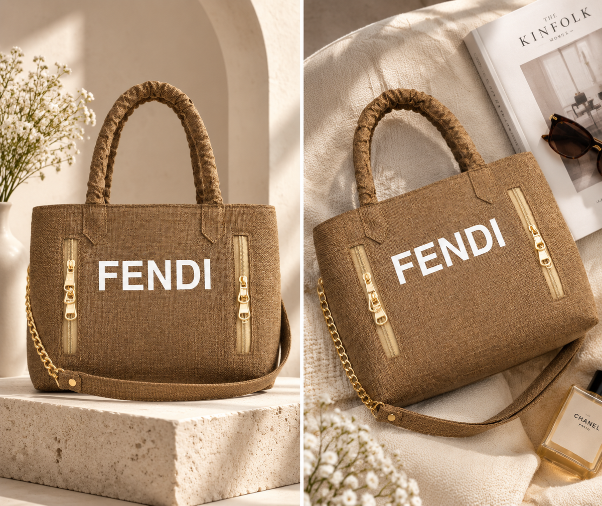 Brown Textured Tote Bag With Gold Zipper Details