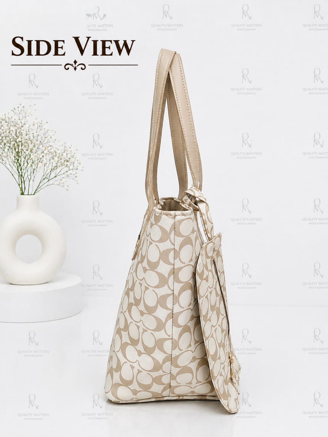Beige Monogram Shoulder Tote Bag
