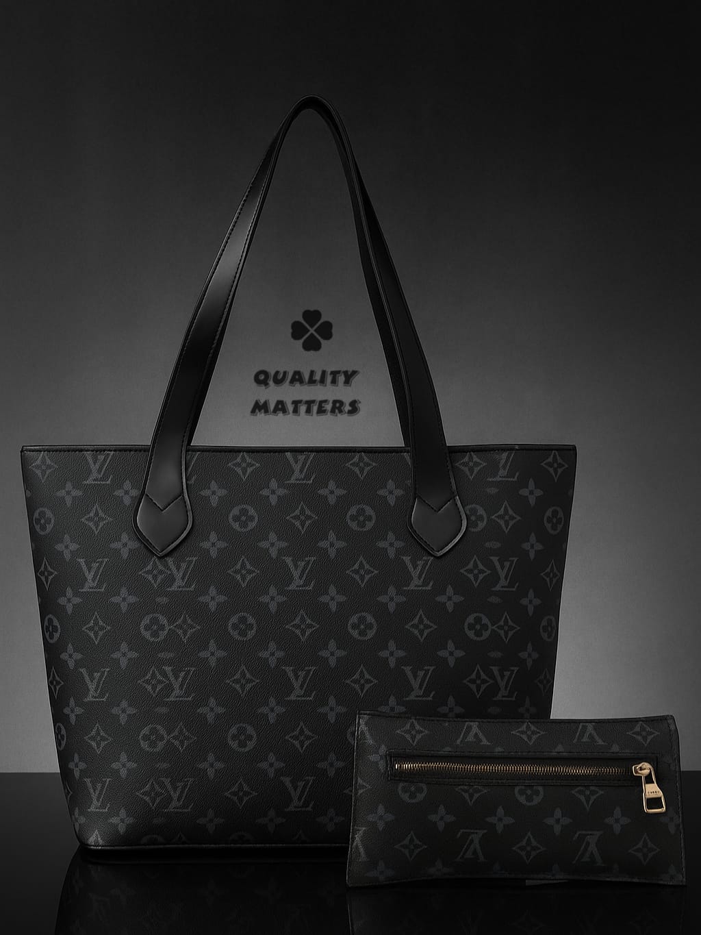 Black Monogram Tote Bag With Matching Pouch