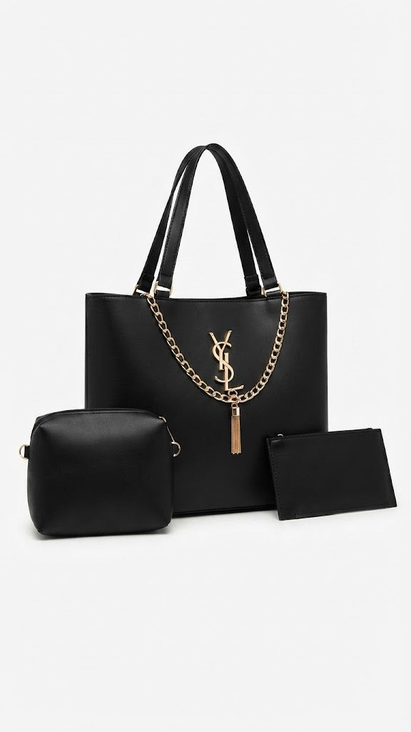 Classic Black 3-Piece Tote Bag Set with Gold Chain & Tassel Charm