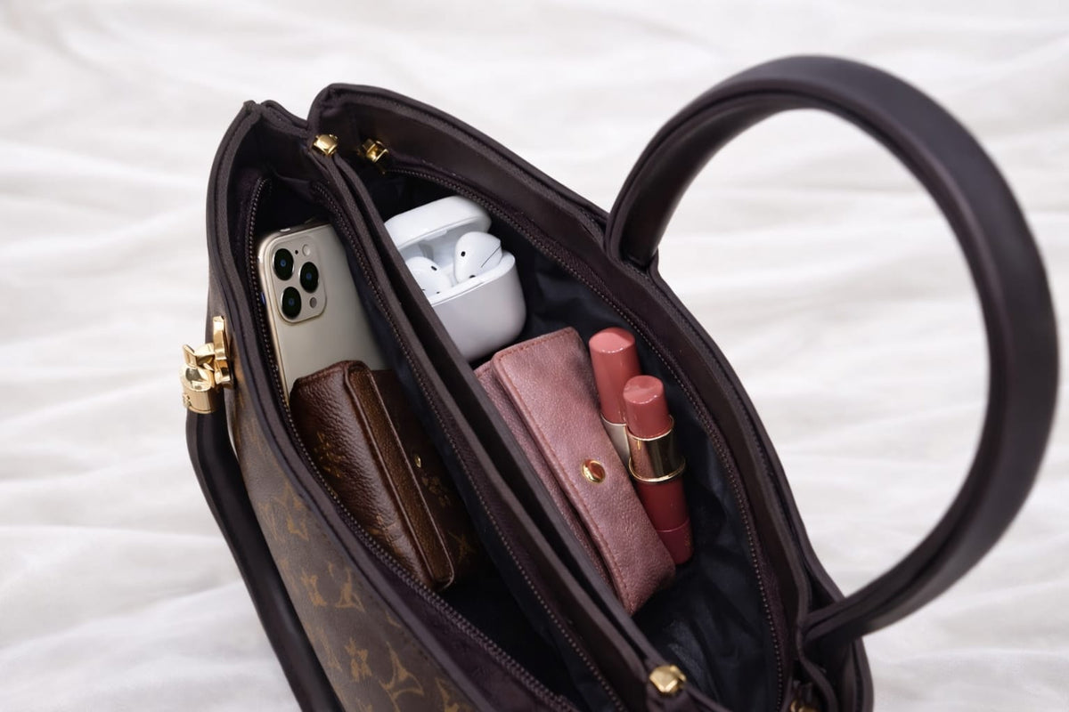 Elegant Brown Monogram Handbag With Gold Hardware