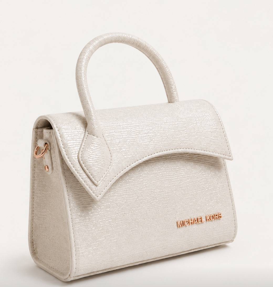 Ivory Shimmer Rexine Asymmetric Top Handle Bag