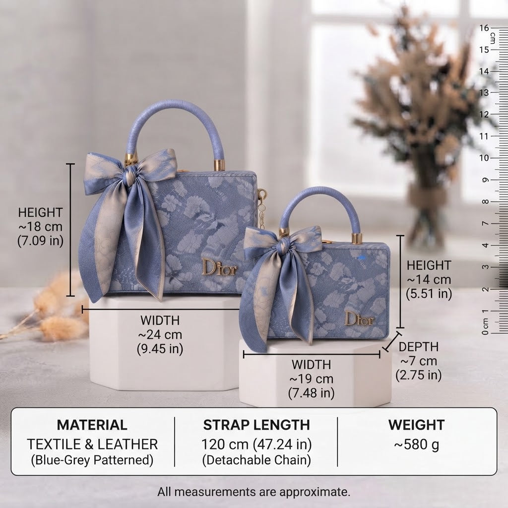 Elegant Blue-Grey Patterned Box Handbag with Silk Scarf Bow & Gold Chain Strap