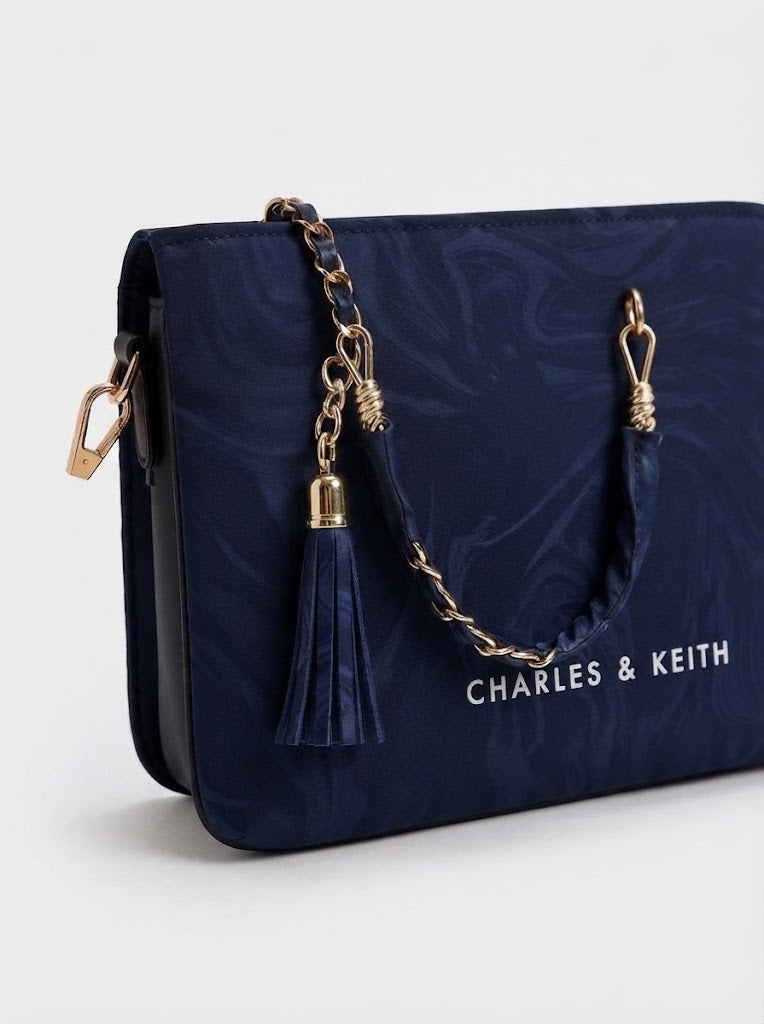 CHARLES & KEITH Navy Marble-Print Fabric Shoulder Bag with Tassel