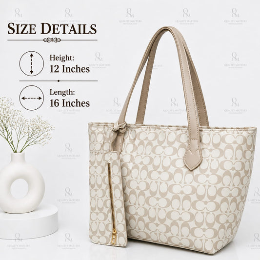 Beige Monogram Shoulder Tote Bag