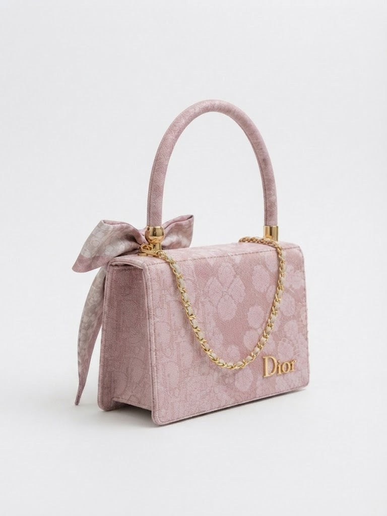 Chic Blush Pink Monogram Flap Top-Handle Bag with Scarf Bow & Gold Chain Accent