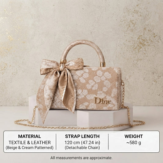 Beige & Cream Patterned Rexine Handbag Set with Bow Detail and Detachable Chain