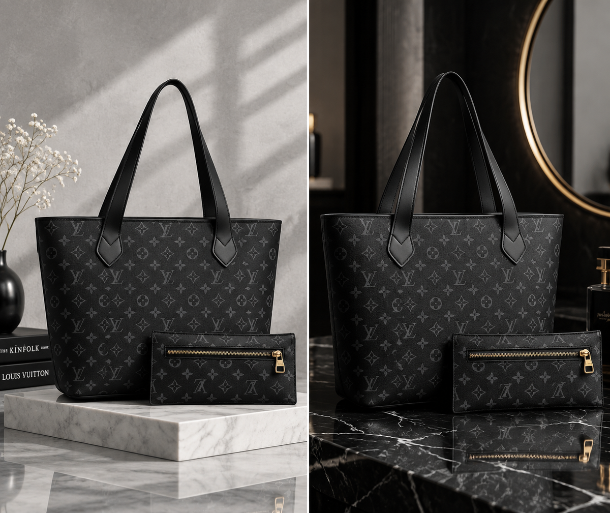 Black Monogram Tote Bag With Matching Pouch