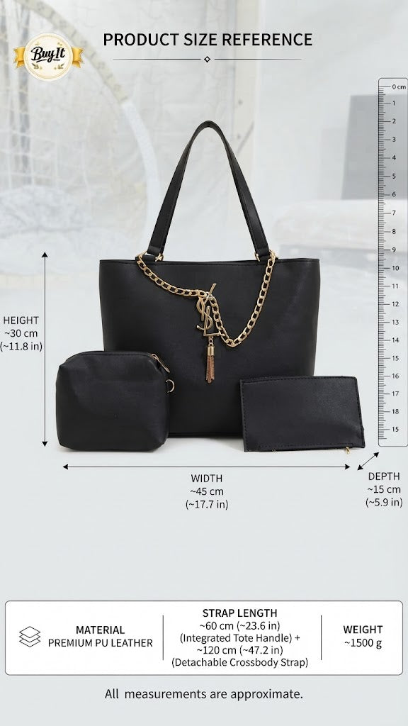 Classic Black 3-Piece Tote Bag Set with Gold Chain & Tassel Charm