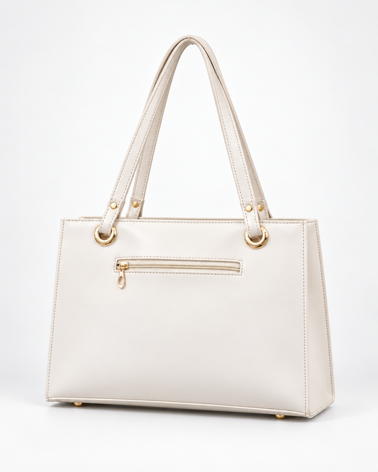 Ivory White Structured Tote Bag With Gold Hardware
