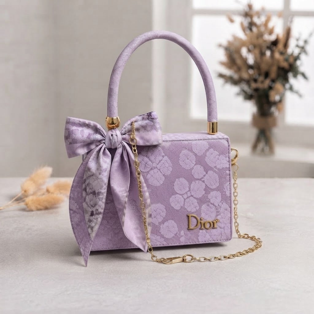 Elegant Floral Print Box Handbag with Silk Bow Accent and Gold Chain Strap (Purple)