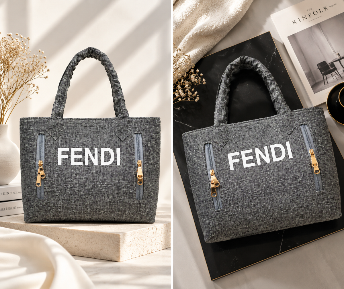 Grey Textured Tote Bag With Gold Zippers