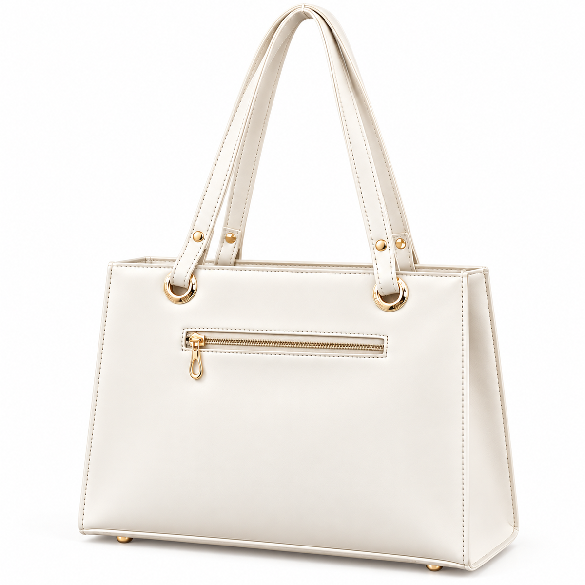 Ivory White Structured Tote Bag With Gold Hardware
