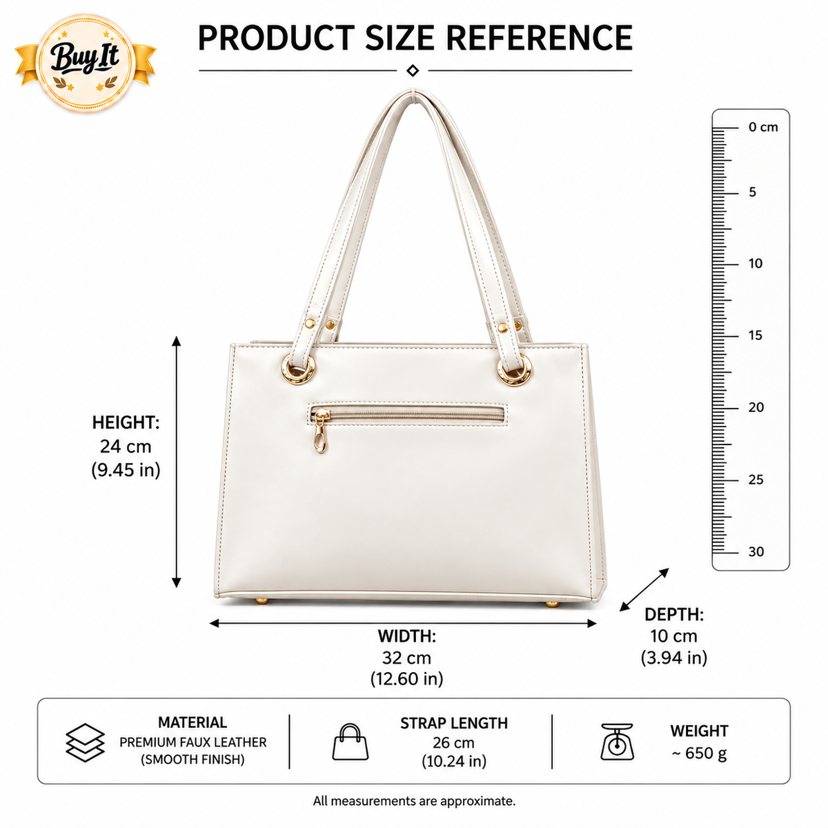 Ivory White Structured Tote Bag With Gold Hardware