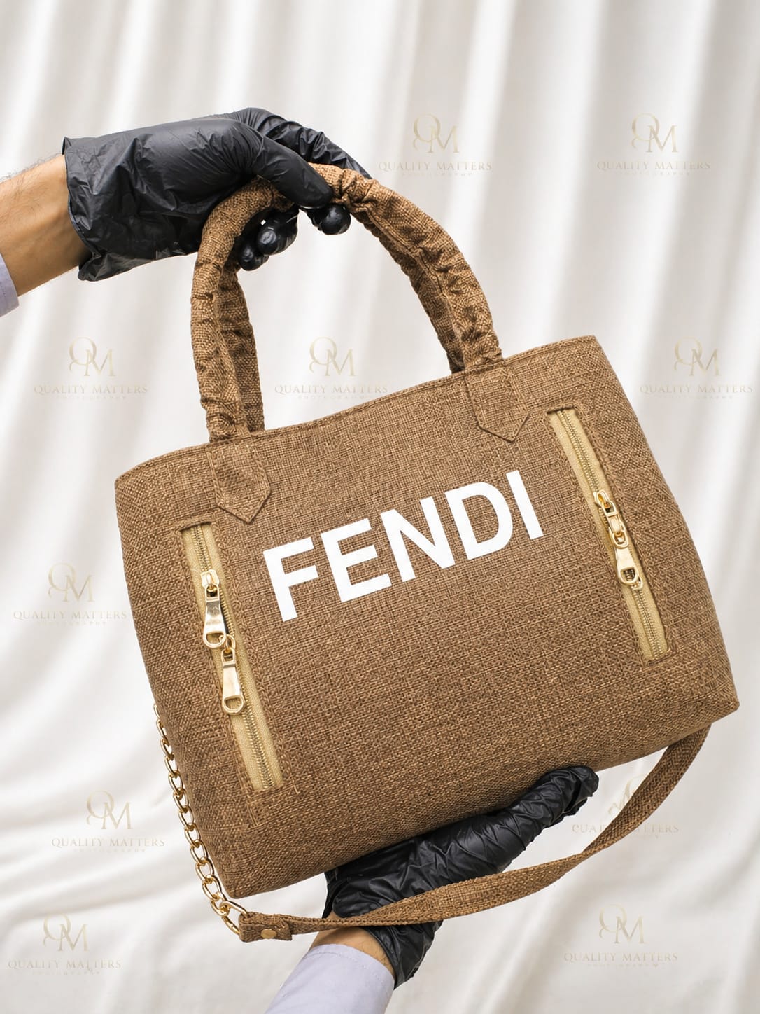 Brown Textured Tote Bag With Gold Zipper Details