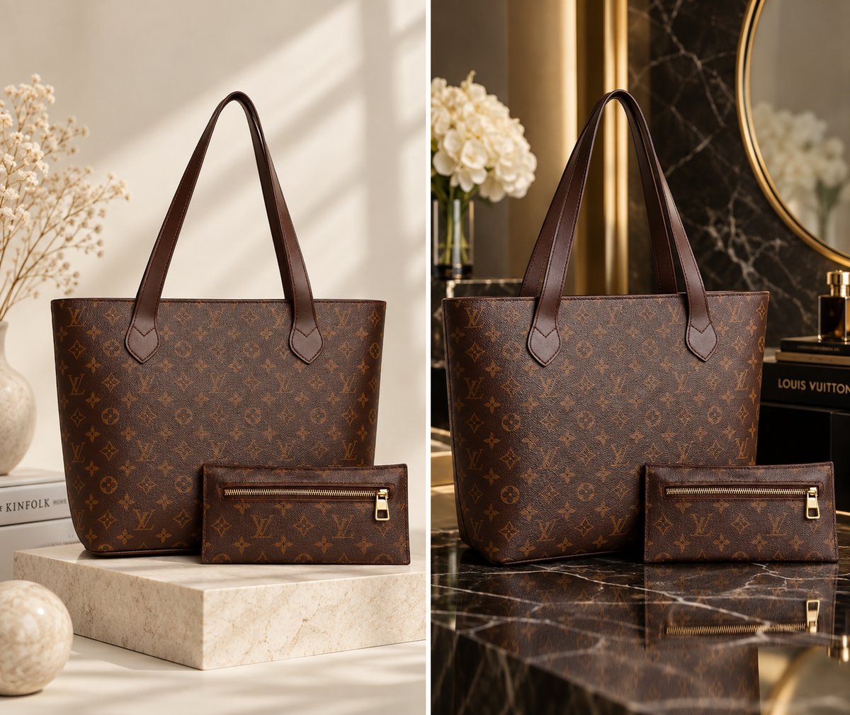 Brown Monogram Tote Bag With Matching Pouch