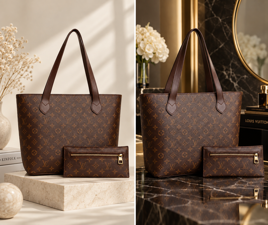 Brown Monogram Tote Bag With Matching Pouch