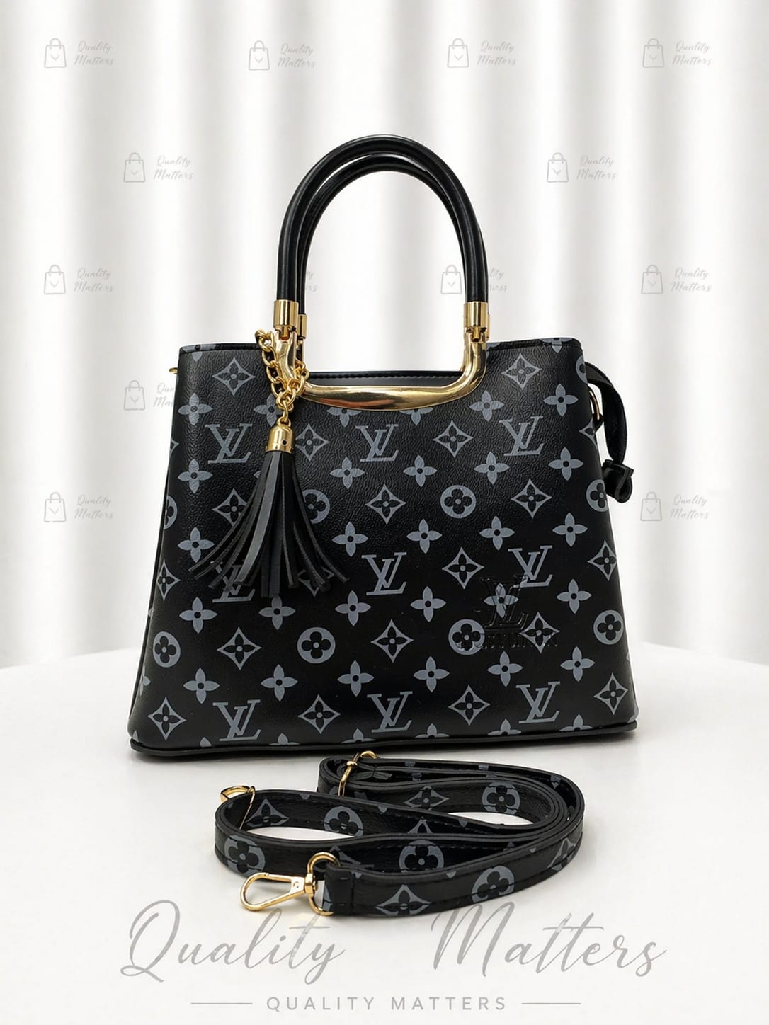 Black Luxury Monogram Handbag With Gold Handle