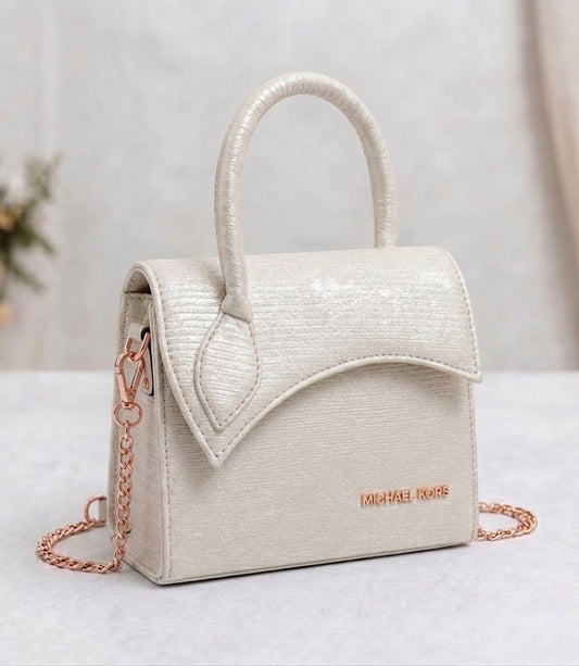 Ivory Shimmer Rexine Asymmetric Top Handle Bag