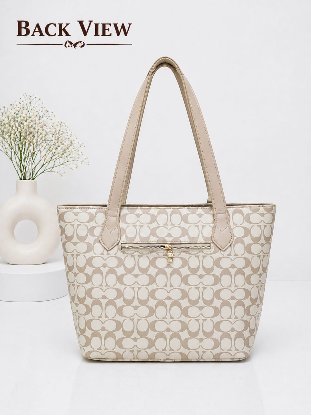 Beige Monogram Shoulder Tote Bag