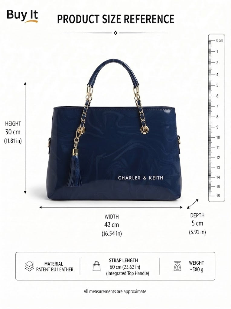 CHARLES & KEITH Navy Marble-Print Fabric Shoulder Bag with Tassel