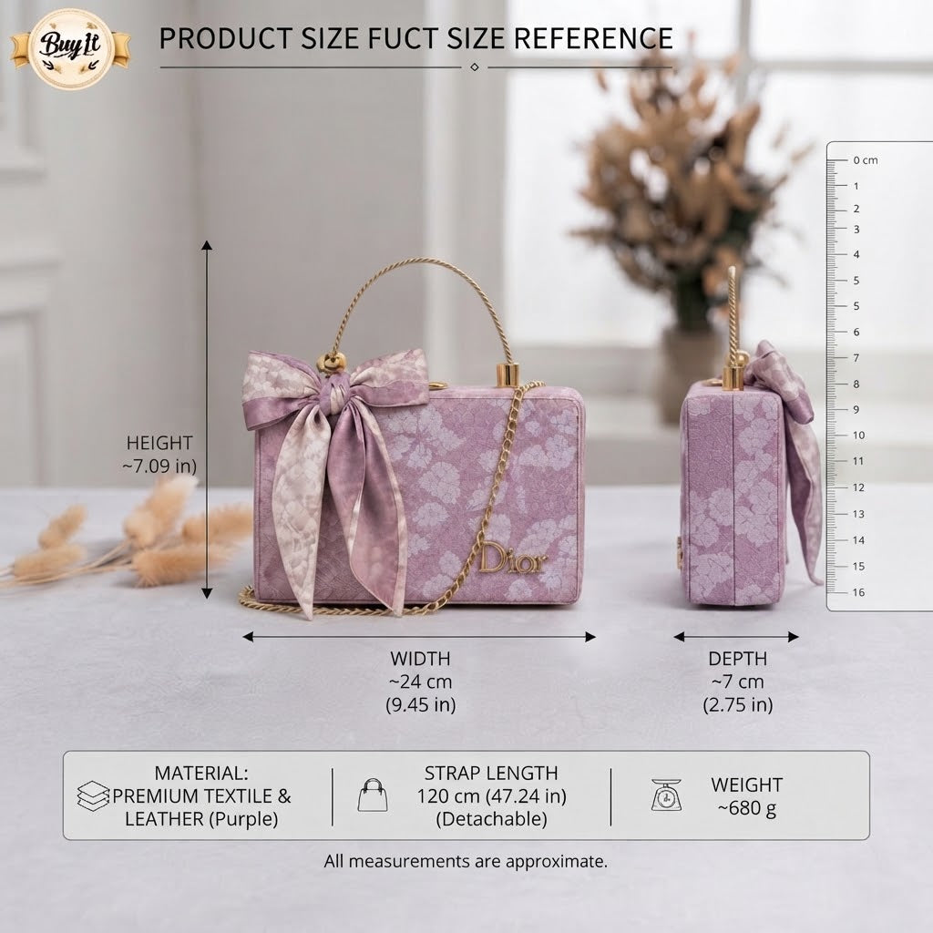 Elegant Floral Print Box Handbag with Silk Bow Accent and Gold Chain Strap (Purple)